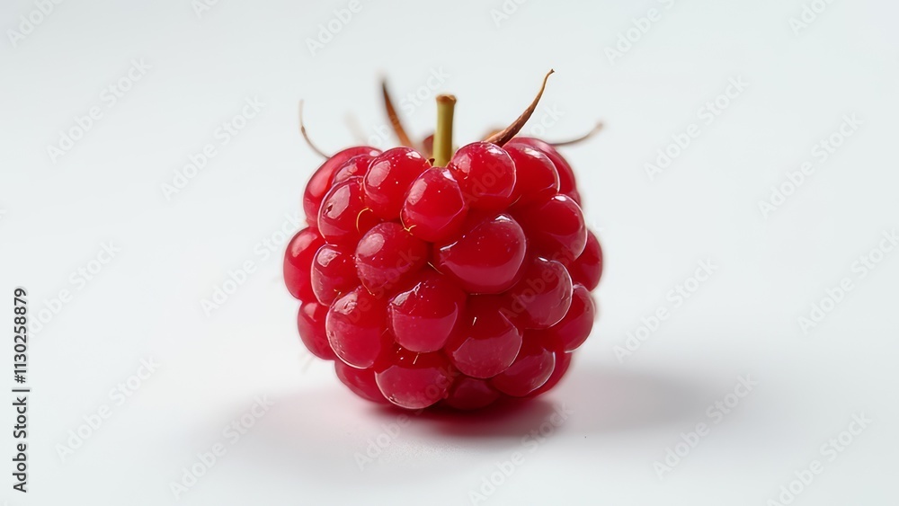 A red raspberry is shown on a white background A red raspberry is shown on a white background