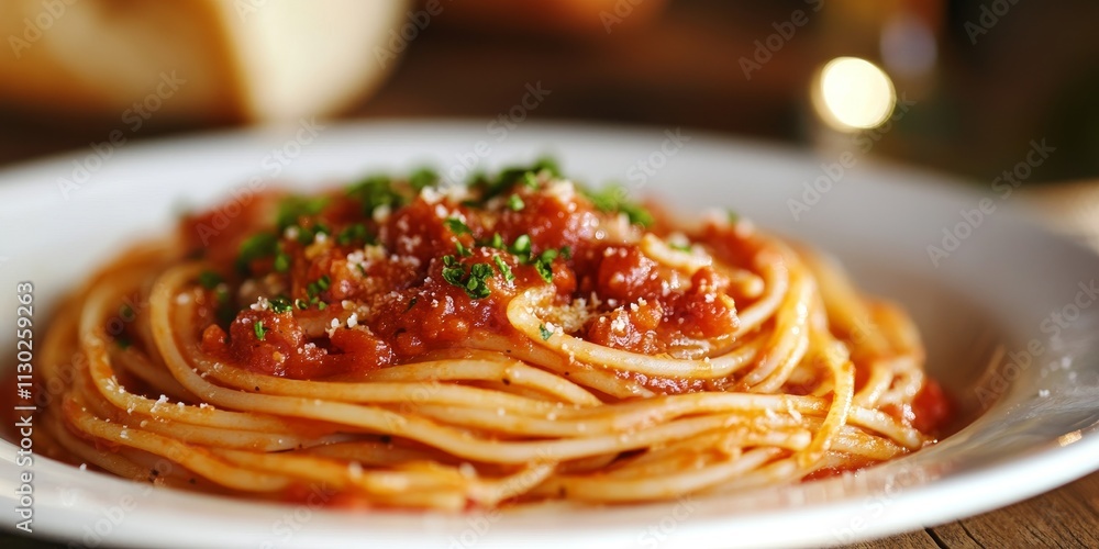 Fototapeta premium Savor the flavors of delicious pasta served with a rich tomato sauce, showcasing the delightful combination of delicious ingredients in this mouthwatering dish of pasta and sauce.
