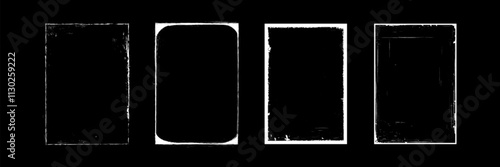 Photo edges stroke collection - black monochrome rectangular frames with distinctive distressed borders, grunge textures and weathered appearance. Aged photography overlays with scratched surfaces.