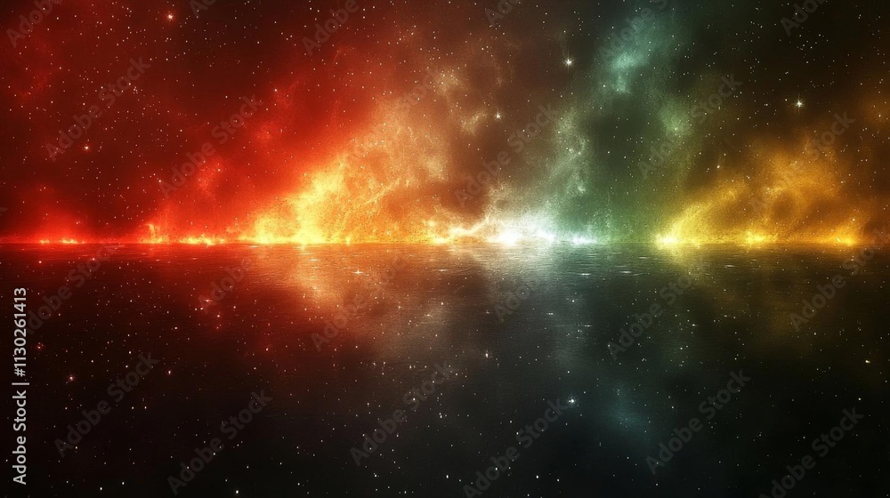 Fototapeta premium Cosmic Reflection: A Colorful Nebula, Stars, and Galaxy Reflecting on Water