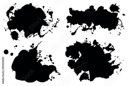 Messy Ink Splatter Silhouettes with Paint Drops Stains. Ink splashes banners set with drops blots and spray stains. Grunge effect for banners, ad, website, posters