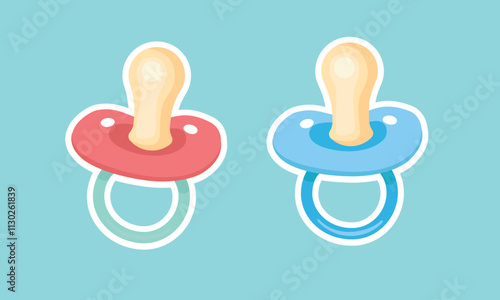 Pacifier or dummy sticker. Baby nipple pacifier vector illustration in cartoon style. Baby element flat vector isolated on white background. Baby symbol. 