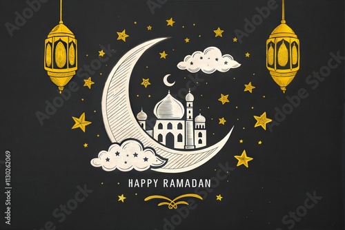 Happy Ramadan Mubarak Poster with Crescent Moon and Lanterns photo