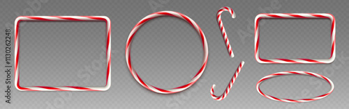 3D candy cane frames set isolated on transparent background. Vector realistic illustration of round, rectangle, oval shape striped caramel borders for Christmas card or holiday banner decoration