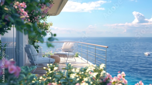 Ultra detailed balcony with ocean vistas, modern metal furniture