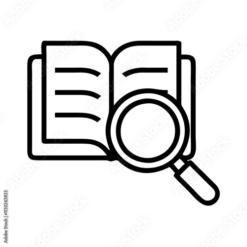 book and magnifying glass icon, book day line art, book day icon - simple black line art icon of book and magnifying glass, for book day celebrations. book day vector art.