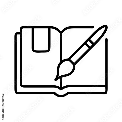 book and paintbrush for art books icon, book day line art, book day icon - simple black line art icon of book and paintbrush for art books, for book day celebrations. book day vector art.