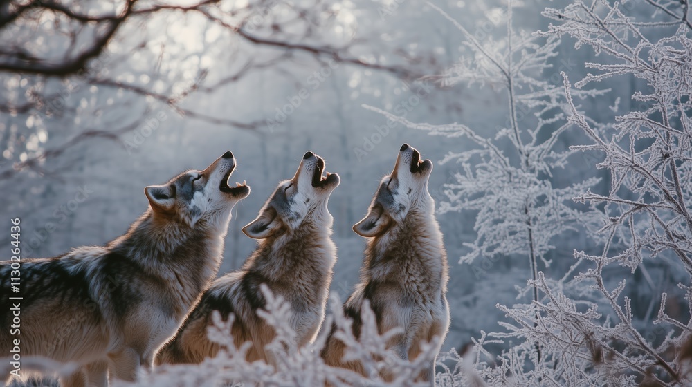 Fototapeta premium A pack of wolves howling in unison amidst frost-covered trees in winter