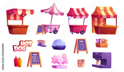 Street food market stalls and equipment set - striped awning carts, portable kiosks, hot dog signage, condiment bottles, menu boards, cotton candy, coffee maker and cups. Mobile vendor equipment.
