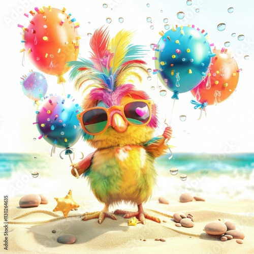 Cute parrot with colorful hair holding balloons on the beach in a festive atmosphere