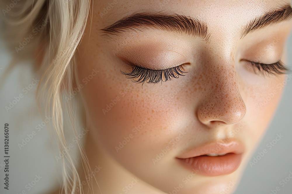 Obraz premium Serene close-up of a freckled woman with closed eyes and natural makeup, showcasing calm beauty and soft features.