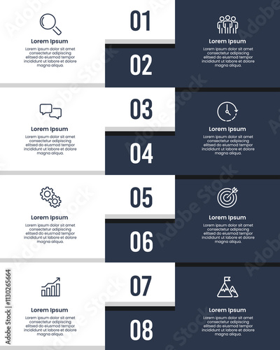8 alternating vertical infographic options black and white color design. Business presentation, Banner, Comparison, Brochure, Poster and Plan. Vector illustration.