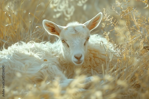 A serene white goat resting peacefully in a field of golden grass. photo