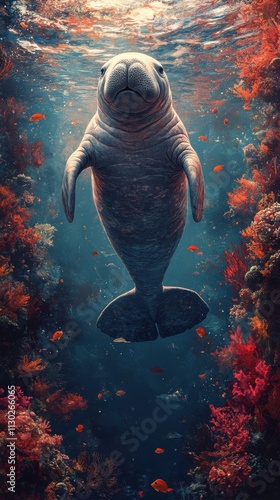A serene underwater scene featuring a manatee surrounded by colorful coral and fish.