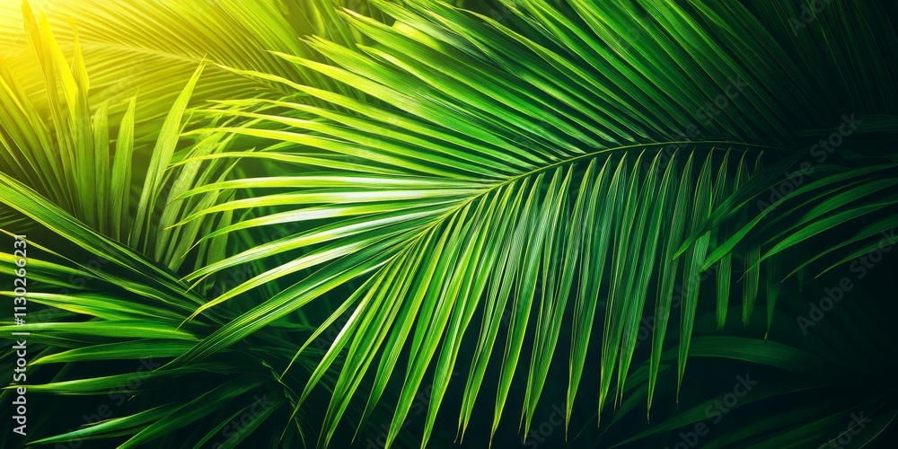 Obraz premium Vibrant green nature showcasing a coconut leaf in sunlight, perfect for natural greenery backgrounds or wallpaper concepts. The coconut leaf adds a touch of beauty to any scenery.