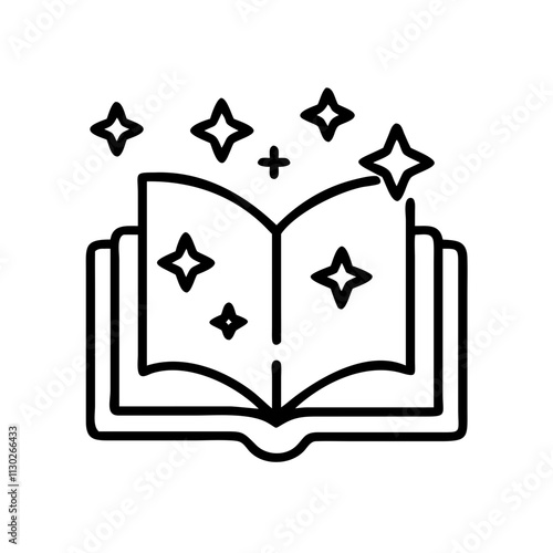 magic book with sparkles icon, book day line art, book day icon - simple black line art icon of magic book with sparkles, for book day celebrations. book day vector art.