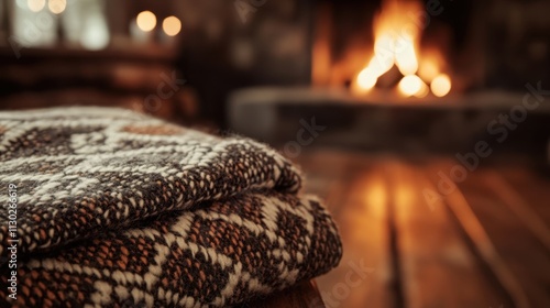 Cozy Winter Evening by the Fireplace: A Warm Knitted Blanket photo