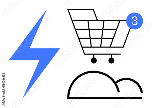 Blue lightning bolt, shopping cart with notification, and cloud outline. Ideal for e-commerce, technology, cloud computing, online shopping, digital marketing quick service automation themes. Speed