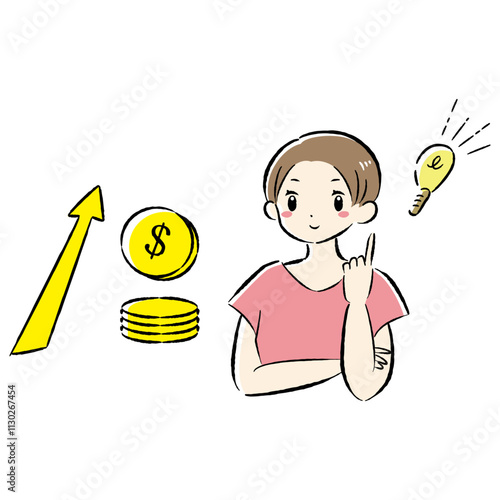 お金（ドル）が増えるイメージと笑顔の女性のイラスト