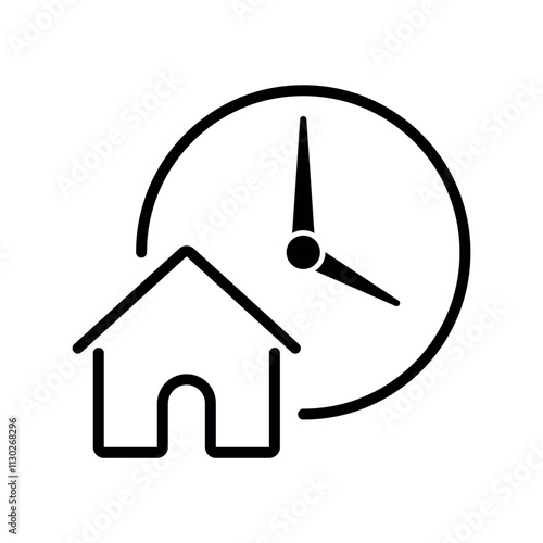 House and clock icon in minimalistic style. Short-term rent. Lease term, home rental, temporary housing. Planned home renovation projects. Construction or mortgage payment due dates.