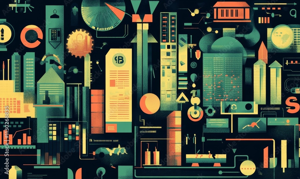 Obraz premium Abstract geometric shapes, data visualizations, cityscape.