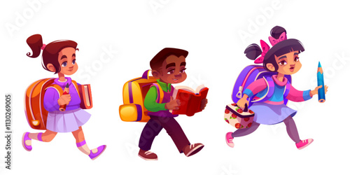 School children walk collection - diverse cartoon pupils carrying colorful backpacks, books and stationery. Primary education characters heading to classroom. Happy boys and girls with schoolbags.