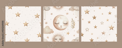 Cute watercolor nursery seamless pattern with stars, moon and clouds. Hand drawn vector print and pattern.