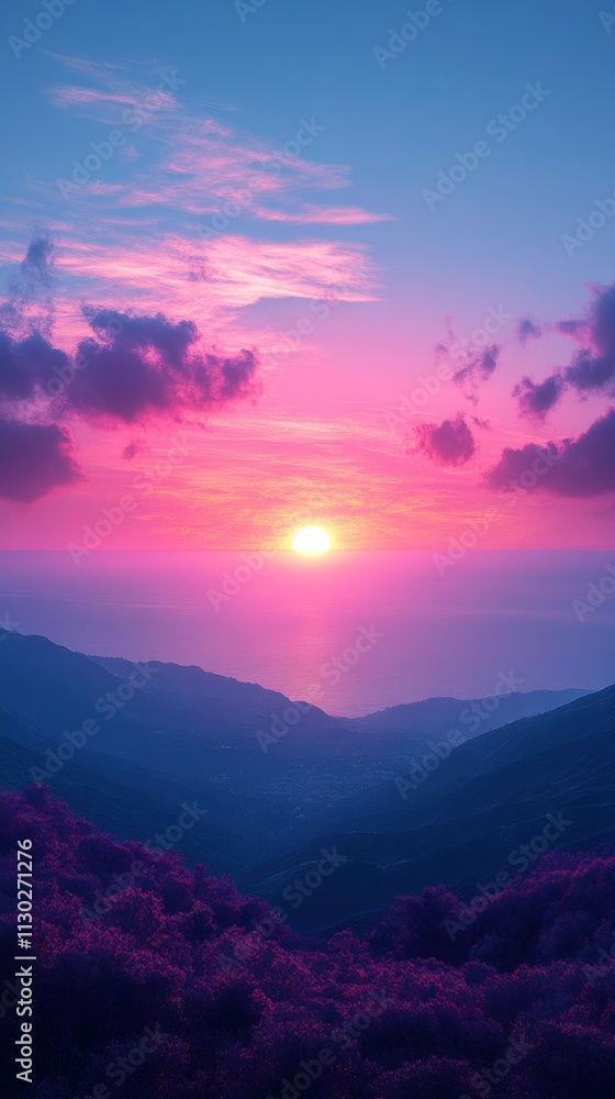 Obraz premium A serene sunset over mountains, casting vibrant colors across the sky and landscape.