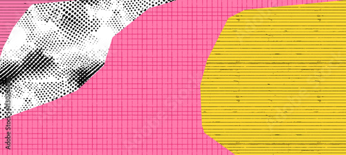 Halftone checkered line paper texture background. Patterned dot grid with vintage grain effect. Yellow and pink rough overlay for notebook or memo design.