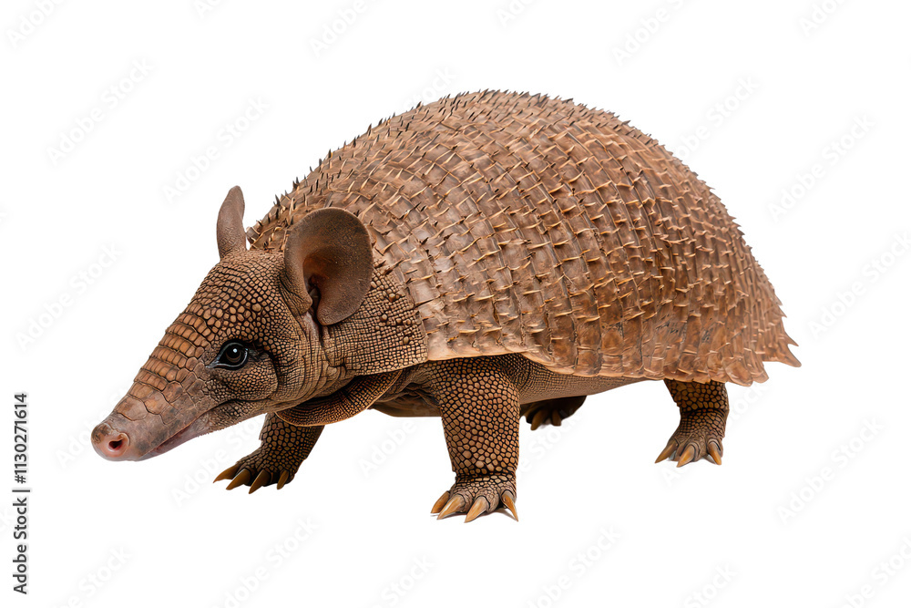 Obraz premium A textured, armored mammal with a rounded body and short limbs, showcasing a unique appearance with a mix of earthy colors.