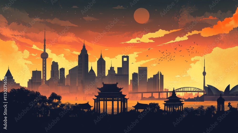 Naklejka premium Travel and tourism background. World famous monuments skyline. Vector illustration