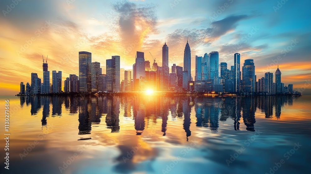 Obraz premium City skyline reflected in calm sunset water.