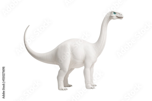 A white dinosaur figurine resembling a brachiosaurus, standing upright with a long neck and tail, showcasing its unique prehistoric features. photo