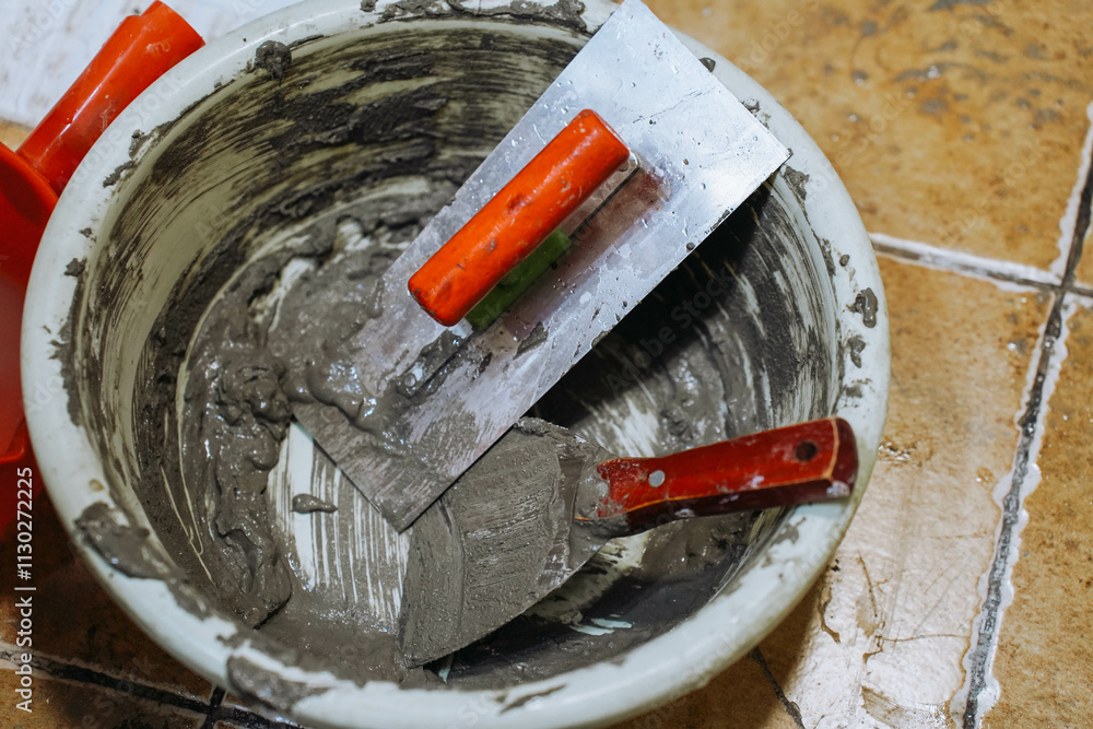 Two construction spatulas on a bucket of glue.