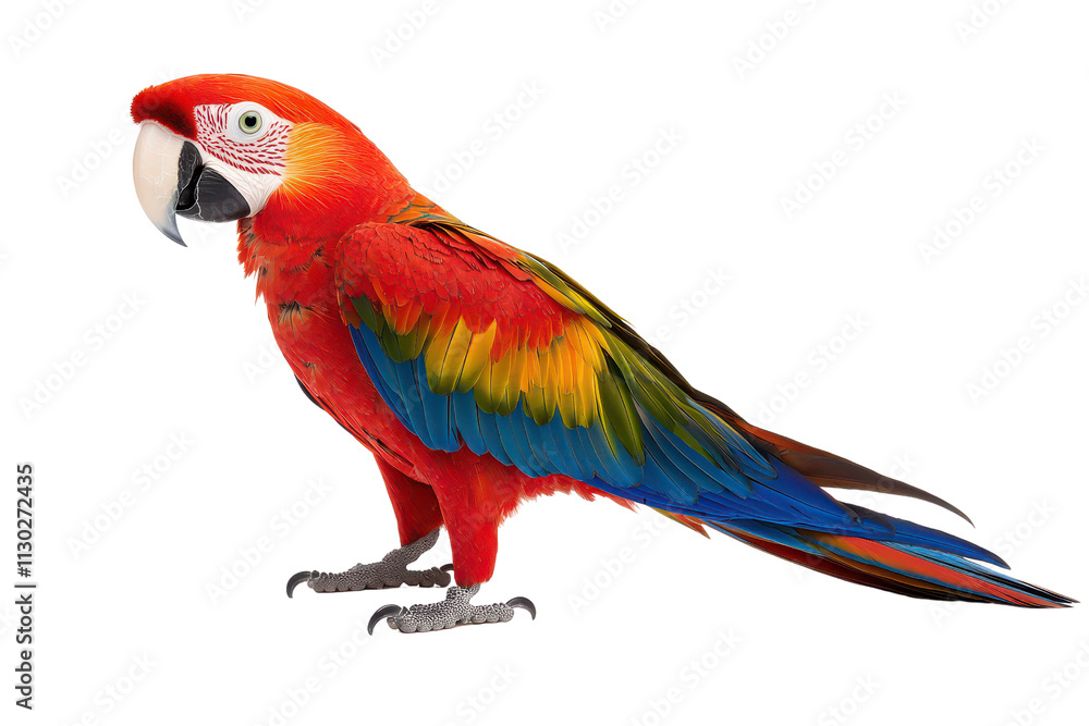 Fototapeta premium A vibrant, multicolored parrot with a striking red body, green and blue wings, and a prominent beak.