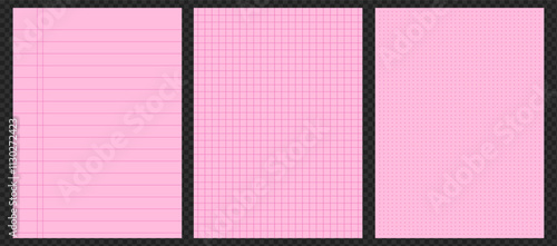 Set of notebook pages with lined and grid patterns. Vector background featuring pink and blue notepaper sheets for school or office use. Blank memo, diary, and drafting templates.