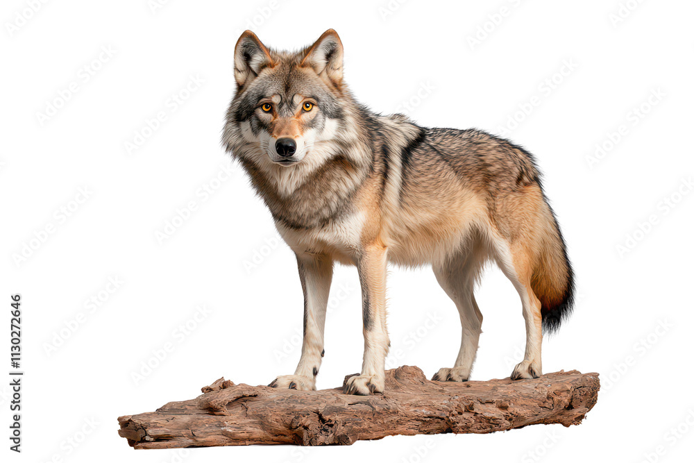 Fototapeta premium A majestic wolf stands on a log, showcasing its powerful stance and striking features.
