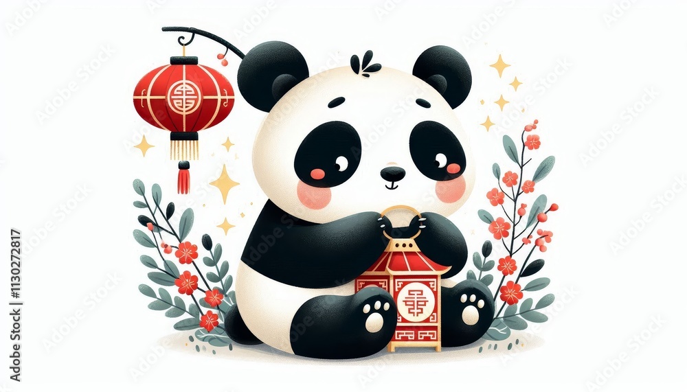 Naklejka premium Panda holding Chinese lantern surrounded by flowers and leaves. Lunar New Year celebration watercolor illustration on white background
