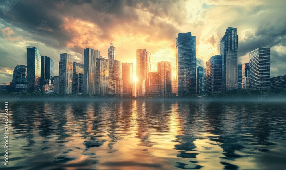 Obraz premium City skyline reflected in calm water, sunset.