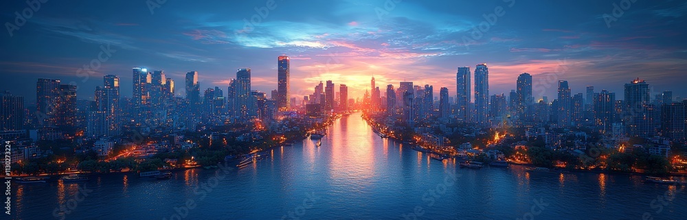 Fototapeta premium A smart, modern nighttime cityscape integrated with a wireless communication network.