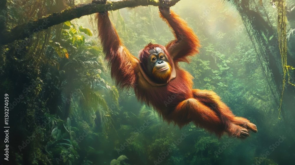 Obraz premium Orangutan swinging from a vine in a dense, misty tropical forest
