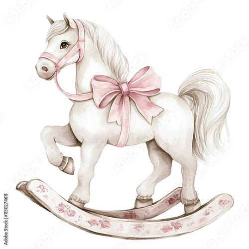 Vintage watercolor rocking horse with a pink bow, perfect for festive cards, posters, and decor