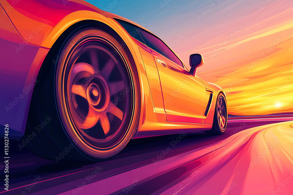 A dynamic, stylized illustration of a sports car in motion against a vibrant sunset backdrop. A dynamic, stylized illustration of a sports car in motion against a vibrant sunset backdrop.