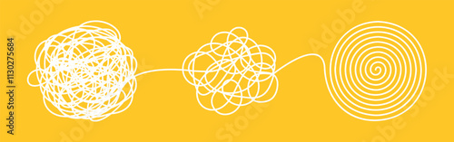 Chaos and order business concept flat style design vector illustration isolated on white background. Tangled disorder turns into spiral order line, find solution. Coaching, mentoring or psychotherapy.