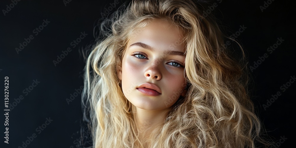 Fototapeta premium Portrait of a young attractive blonde featuring natural beauty, with long curly hair showcased against a sleek black background, emphasizing the charm of an unadorned blonde look.