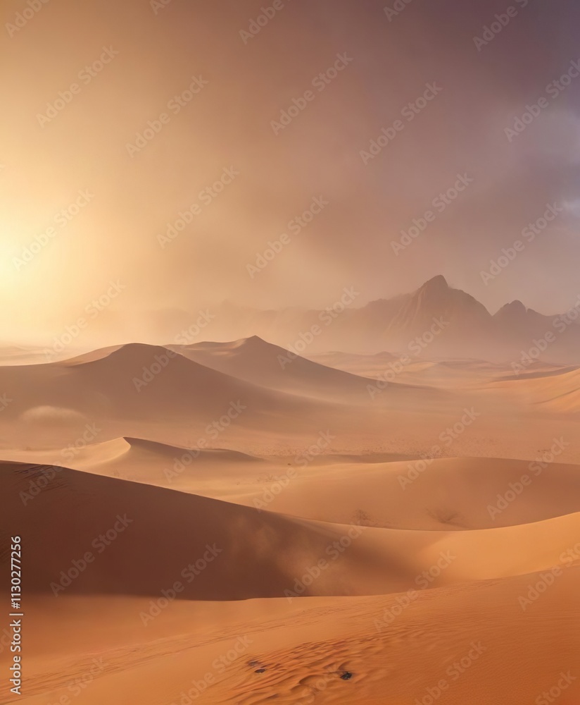 Obraz premium Desert landscape under massive sandstorm with low visibility, gray skies , dust storm, dark clouds