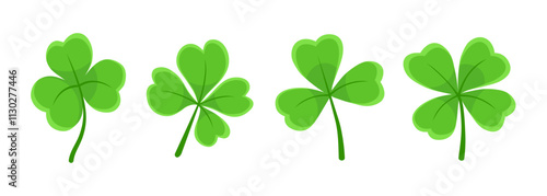 Lucky four, three clover shamrock leaf icon flat style vector illustration set. Irish Celtic St Patrick's Day logo shamrock clover leaf symbol collection. Luck and happiness floral Irish ornament.