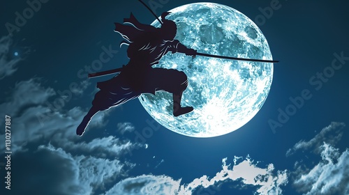 Silhouetted ninja leaping across night sky, large moon backdrop.  Powerful action pose, dramatic lighting. photo