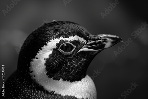 Close-up portrait of a black and white penguin head in stunning detail. photo