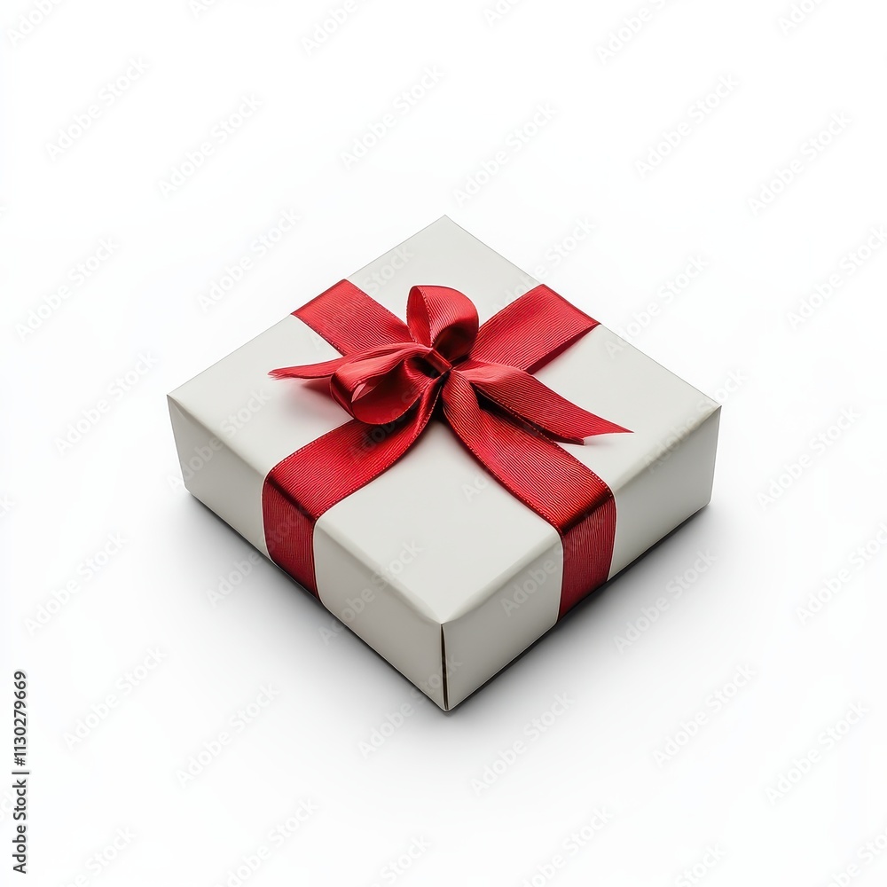 Obraz premium Floating Elegant Gift Box with Red Ribbon Bow on White Background Perfect for Special Occasions and Celebrations